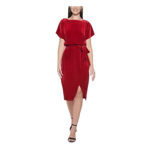 NWT KENSIE DRESSES Womens Red Tie Bell Sleeve Knee Length Faux Wrap Dress XS